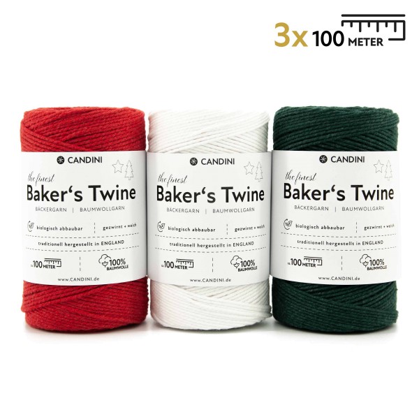 Bäckergarn Rot/Grün/Weiß 3er Set, 3 x 100m Schnur für Geschenke Bastelgarn XMAS