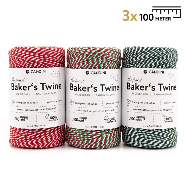 Bäckergarn XMAS Tricolor 3er Set, 3 x 100m Schnur für Geschenke Bastelgarn XMAS