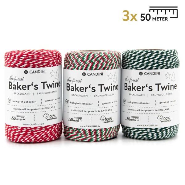 Bäckergarn XMAS Tricolor 3er Set, 3 x 50m Schnur für Geschenke Bastelgarn XMAS